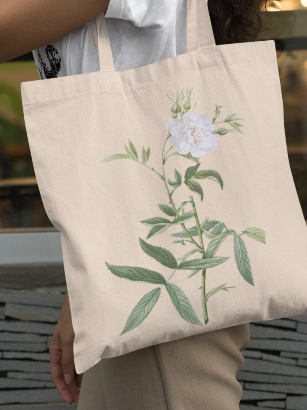 White Rose Vintage Floral Print Graphic Canvas Tote Bag